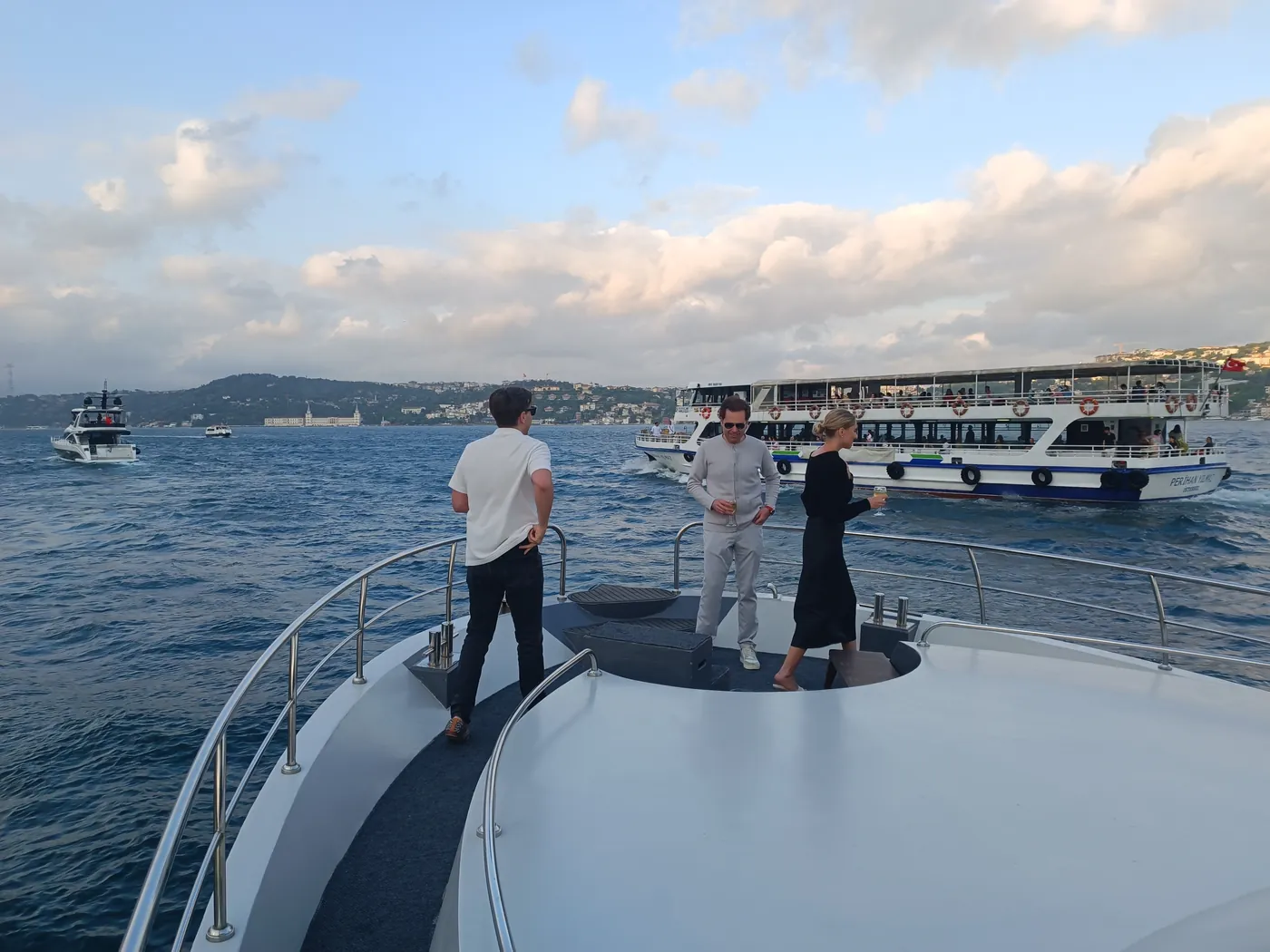 Guests on the bow during a private Bosphorus cruise