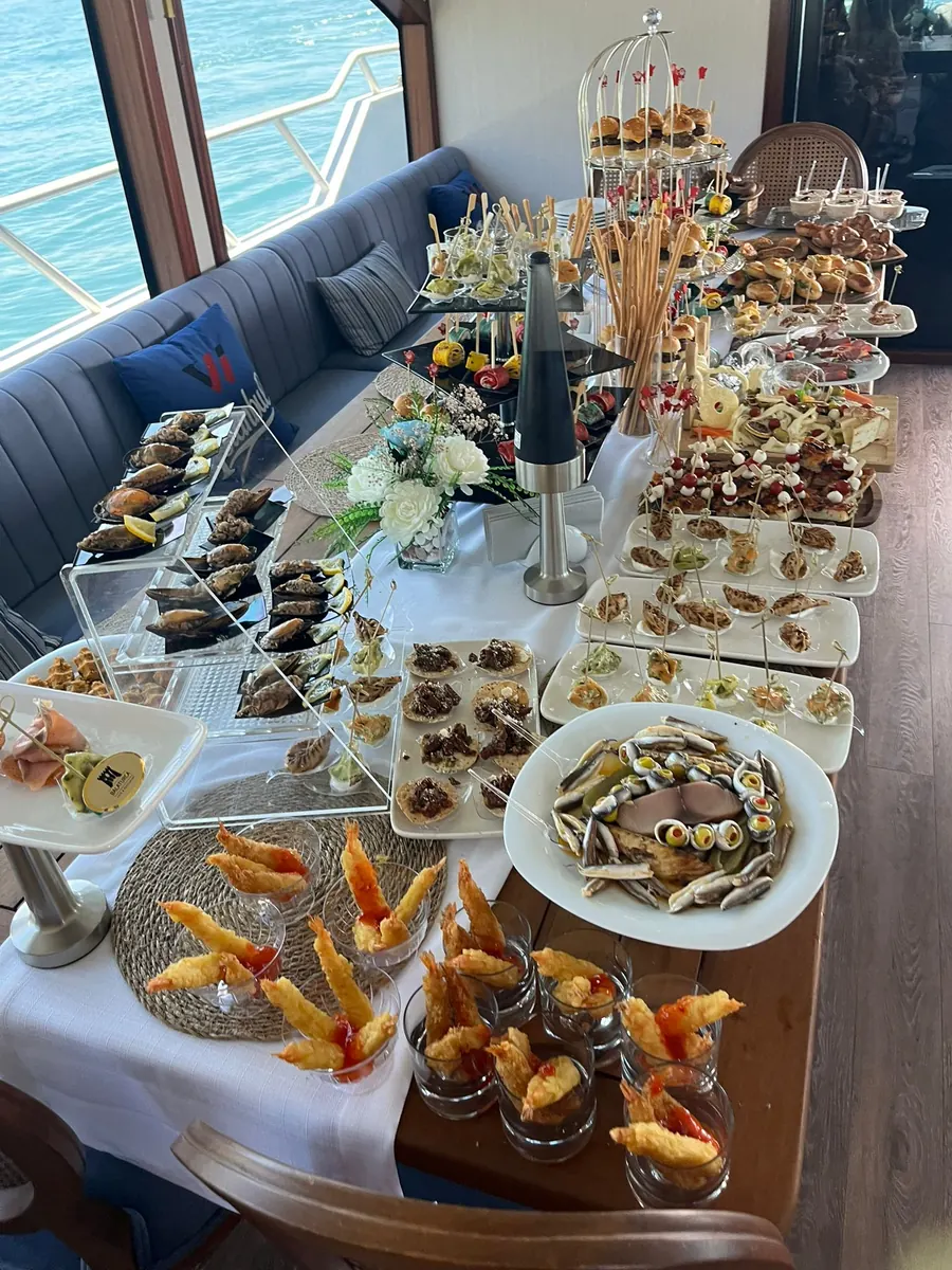 Gala buffet prepared by a private chef on a yacht