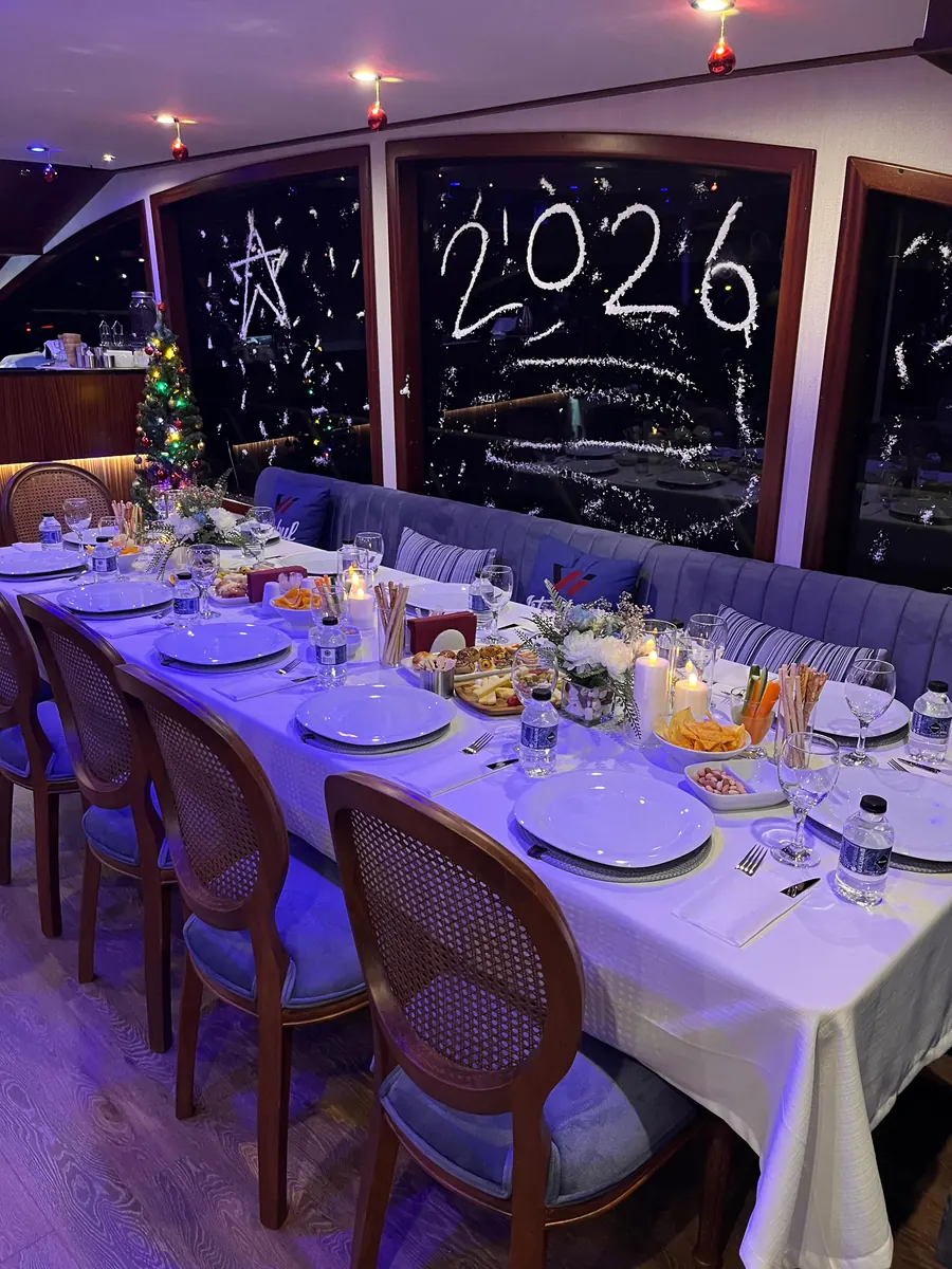 Yacht salon decorated for New Year's Eve